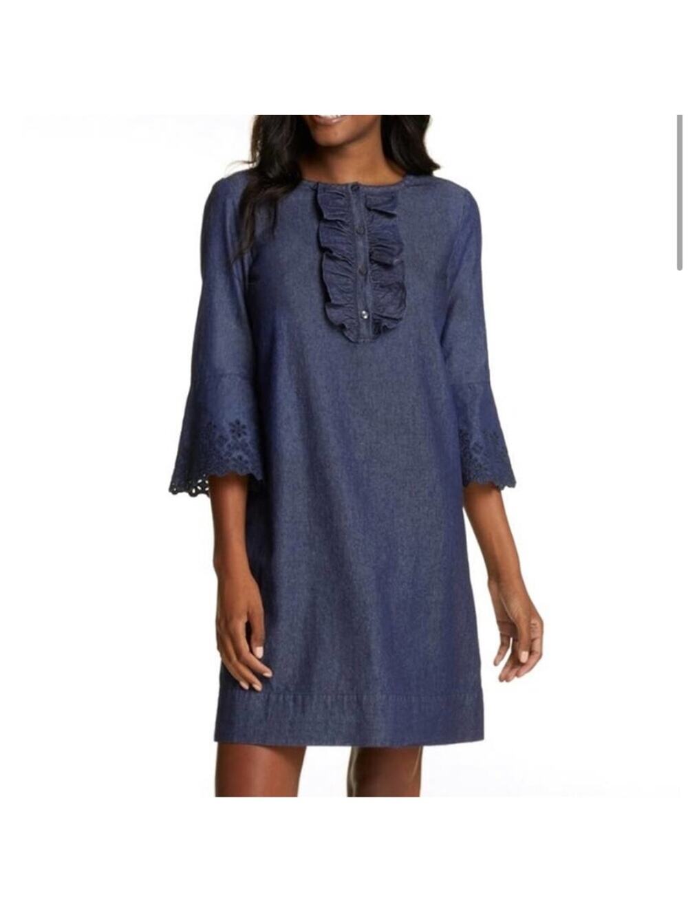 Draper James chambray denim blue ruffle front eyelet sleeve shift dress size 10
